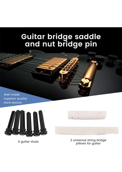 6 Dize Akustik Gitar Kemik Köprüsü Eyer ve Somun ve 6 Adet Gitar Köprüsü Pimleri Beyaz + Siyah (Yurt Dışından)