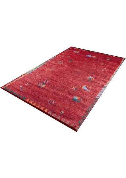 Klasik Kırmızı Dijital Baskılı Makinede Yıkanabilir Kaymaz Taban Saçaklı Halı Hk038 fırsatları