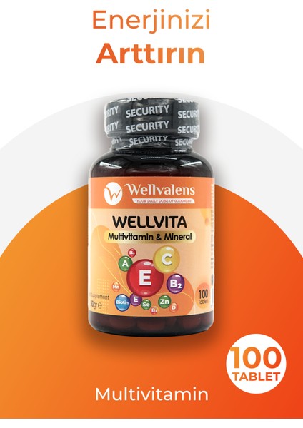 Wellvita Multivitamin & Mineral – 18 ve 6 Mineral ile Günlük Sağlık Desteği | 100 Tablet Vitamin C, E, B3, A, B5, D3, B2, B1, B6, B12, Çinko, Biotin, Iodine, Folik Asit, Selenyum, Bakır