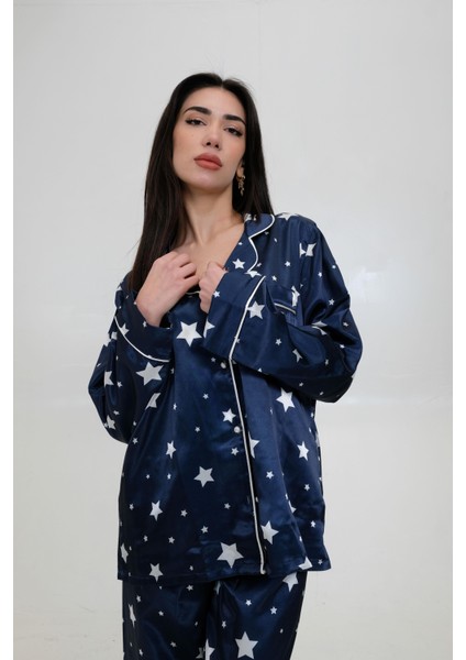 Saten Elegant Pijama Lüks Dekolteli Pijama Detaylı 4'lü Takım