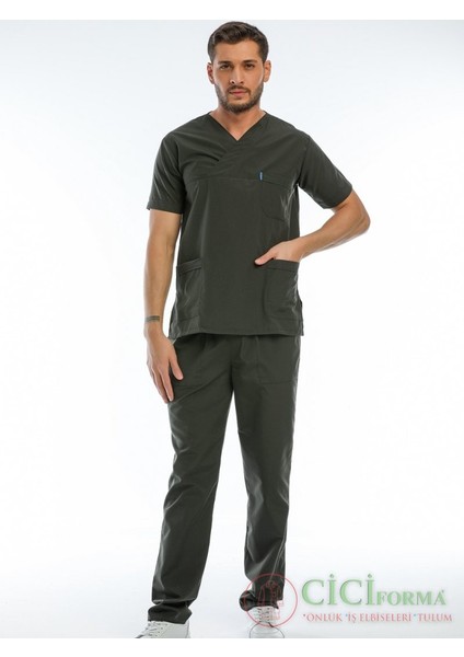 Erkek Haki Yeşil Kısa Kol Zarf Yaka Hastane Forma