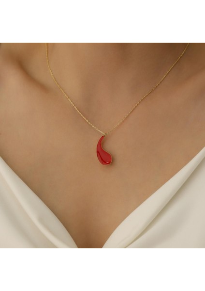 925 Ayar Gümüş Kırmızı Mineli Damla Kolye