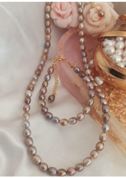 24K Altın Kaplama Still Gerçek Somon Karışık Pastel Inci Tasarım Kolye Bileklik Set fiyatları