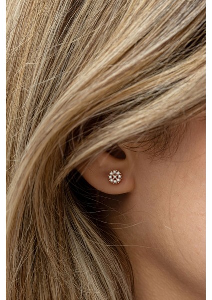 925 Ayar Gümüş Rose Kaplama Minimal Zirkon Taşlı Yuvarlak Küpe modelleri