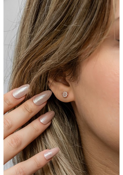 925 Ayar Gümüş Rose Kaplama Minimal Zirkon Taşlı Yuvarlak Küpe indirimleri