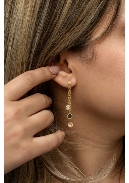 925 Ayar Gümüş Gold Kaplama Sallantılı 3'lü Zirkon Mix Taşlı Küpe fiyatları