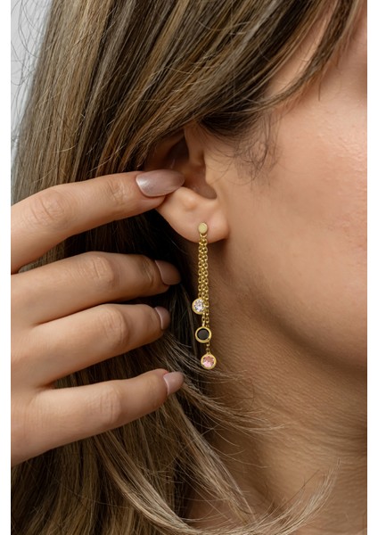 925 Ayar Gümüş Gold Kaplama Sallantılı 3'lü Zirkon Mix Taşlı Küpe modelleri