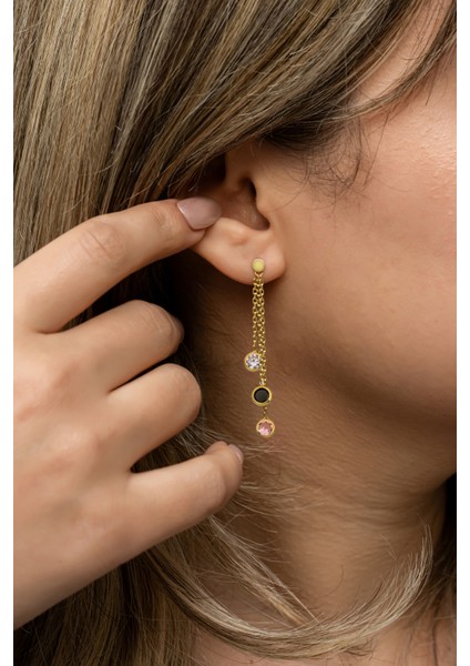 925 Ayar Gümüş Gold Kaplama Sallantılı 3'lü Zirkon Mix Taşlı Küpe fırsatları