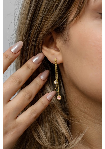 925 Ayar Gümüş Gold Kaplama Sallantılı 3'lü Zirkon Mix Taşlı Küpe indirimleri