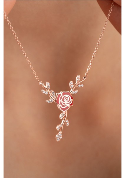 925 Ayar Gümüş Daldaki Kırmızı Mineli Gül Kolye