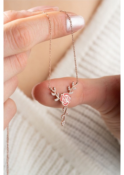 925 Ayar Gümüş Daldaki Kırmızı Mineli Gül Kolye fiyatları