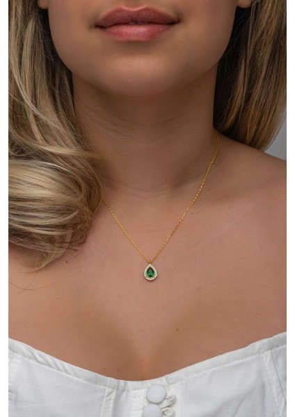 925 Ayar Gümüş Gold Kaplama Yeşil Taşlı Damla Kolye fiyatları