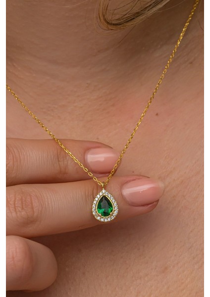 925 Ayar Gümüş Gold Kaplama Yeşil Taşlı Damla Kolye modelleri