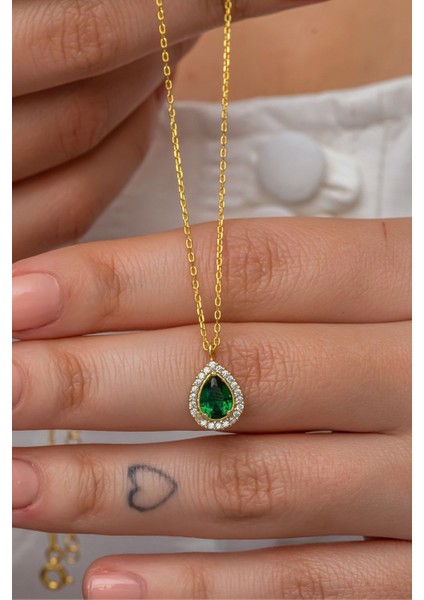 925 Ayar Gümüş Gold Kaplama Yeşil Taşlı Damla Kolye fırsatları