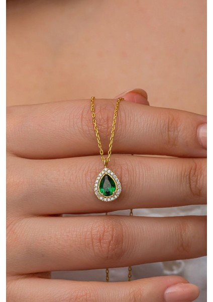 925 Ayar Gümüş Gold Kaplama Yeşil Taşlı Damla Kolye indirimleri