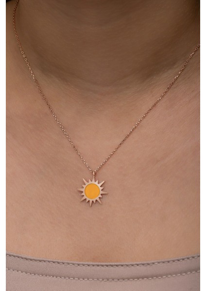 925 Ayar Gümüş Rose Kaplama Mineli Güneş Model Kolye fiyatları