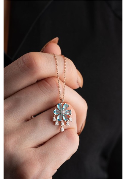 925 Ayar Gümüş Sallantılı Model Aquamarin Taşlı Çiçek Kolye