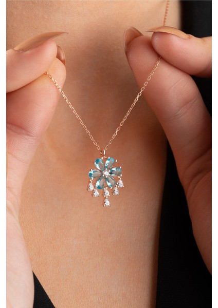 925 Ayar Gümüş Sallantılı Model Aquamarin Taşlı Çiçek Kolye fiyatları