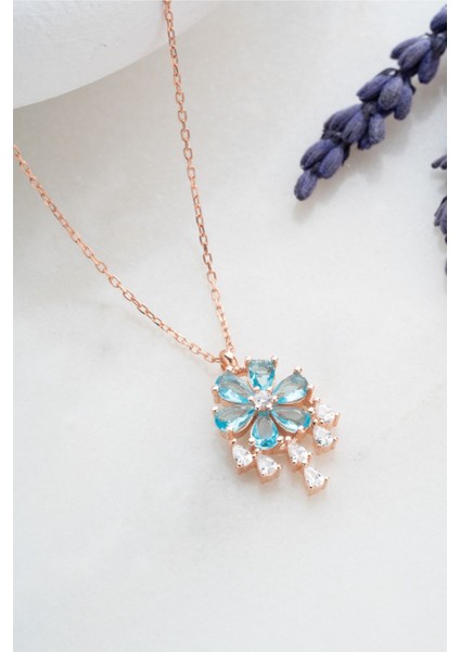 925 Ayar Gümüş Sallantılı Model Aquamarin Taşlı Çiçek Kolye modelleri