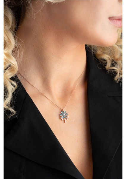 925 Ayar Gümüş Sallantılı Model Aquamarin Taşlı Çiçek Kolye indirimleri
