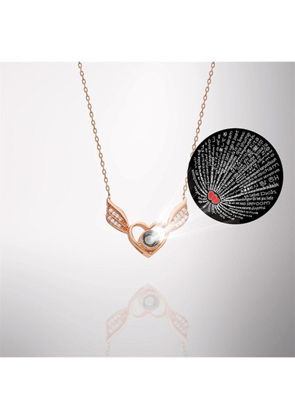 925 Ayar Gümüş 100 Dilde Seni Seviyorum Kalpli Melek Kanadı Kadın Gümüş Kolye