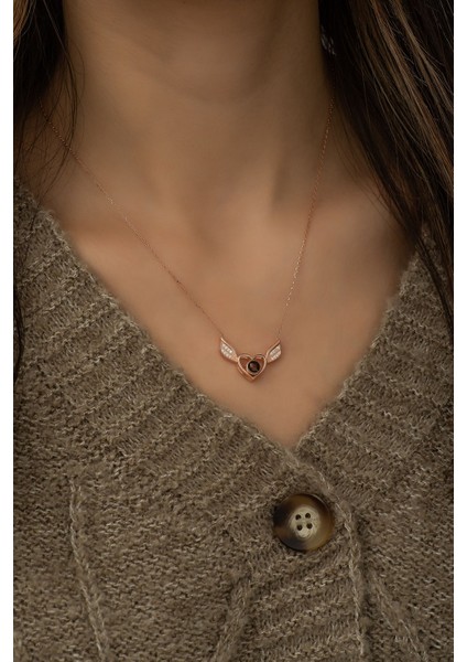 925 Ayar Gümüş 100 Dilde Seni Seviyorum Kalpli Melek Kanadı Kadın Gümüş Kolye modelleri