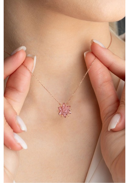 925 Ayar Gümüş Pembe Taşlı Lotus Çiçeği Kolye modelleri