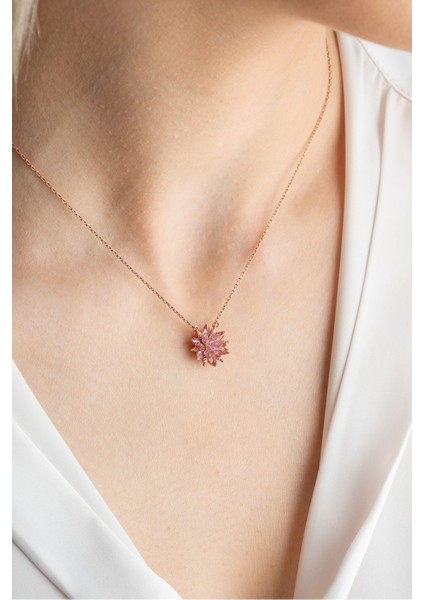 925 Ayar Gümüş Pembe Taşlı Lotus Çiçeği Kolye indirimleri