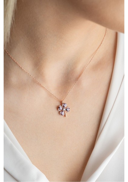 925 Ayar Gümüş Mor Zirkon Taşlı Dört Yapraklı Şans Kolyesi Kadınlar İçin indirimleri