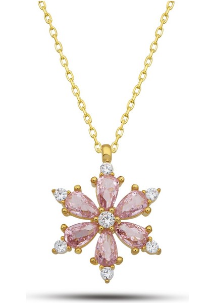 925 Ayar Gümüş Gold Kaplama Pembe Taşlı Kamelya Çiçeği Kolye fiyatları