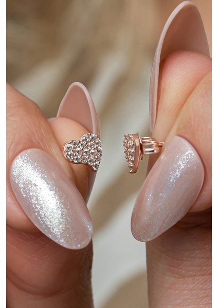 925 Ayar Gümüş Rose Kaplama Minimal Kalp Küpe