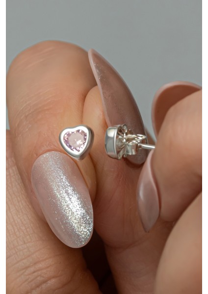 925 Ayar Gümüş Rodyum Kaplama Pembe Taşlı Kalp Küpe