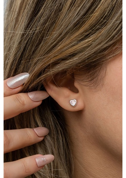 925 Ayar Gümüş Rodyum Kaplama Pembe Taşlı Kalp Küpe modelleri