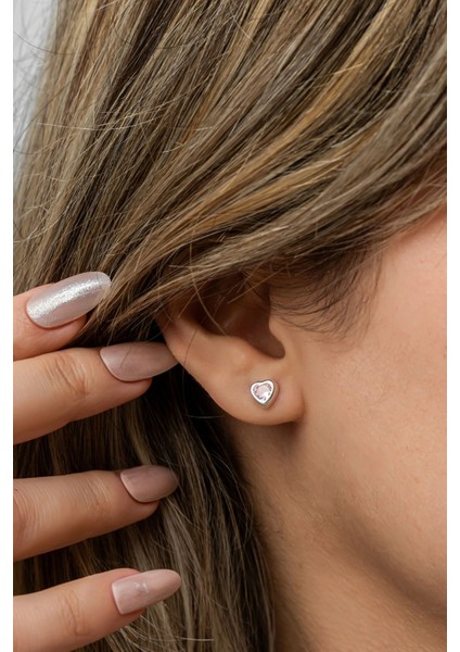 925 Ayar Gümüş Rodyum Kaplama Pembe Taşlı Kalp Küpe fırsatları