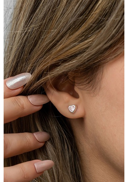 925 Ayar Gümüş Rodyum Kaplama Pembe Taşlı Kalp Küpe indirimleri