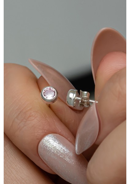 925 Ayar Gümüş Rodyum Kaplama Pembe Taşlı 5 mm Tektaş Küpe