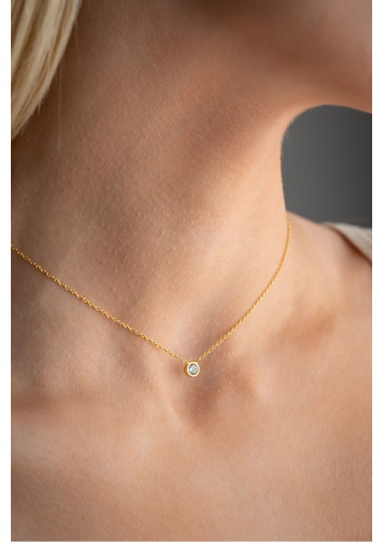 925 Ayar Gümüş Gold Kaplama Minimal 5 mm Tektaş Kolye