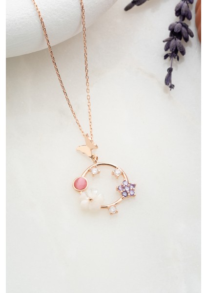 925 Ayar Gümüş Kelebek Detaylı Manolya Çiçeği Daire Bahar Çiçeği Kolye modelleri