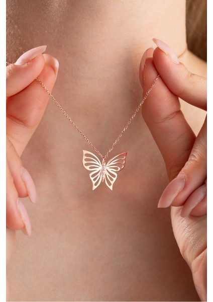 925 Ayar Gümüş Rose Kaplama Sade Zirkon Taşlı Kelebek Kolye