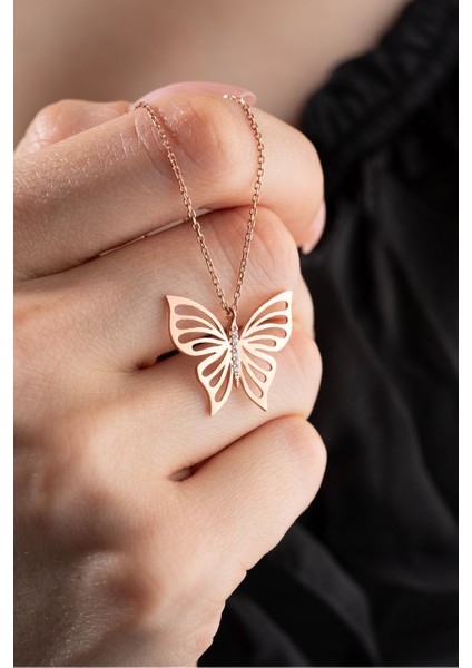 925 Ayar Gümüş Rose Kaplama Sade Zirkon Taşlı Kelebek Kolye fiyatları