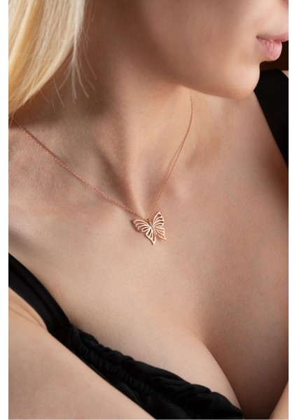 925 Ayar Gümüş Rose Kaplama Sade Zirkon Taşlı Kelebek Kolye modelleri