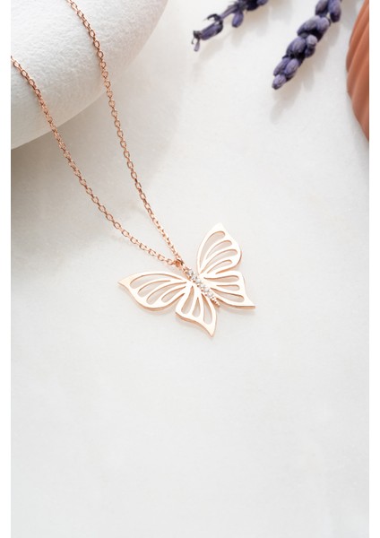 925 Ayar Gümüş Rose Kaplama Sade Zirkon Taşlı Kelebek Kolye fırsatları