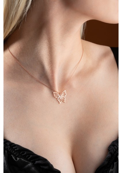 925 Ayar Gümüş Rose Kaplama Sade Zirkon Taşlı Kelebek Kolye indirimleri