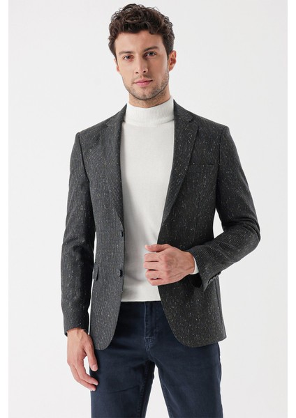 Koyu Yeşil Desenli Mono Yaka Astarlı Çift Yırtmaç 6 Drop Slim Fit Dar Kesim Klasik Ceket 1002235132