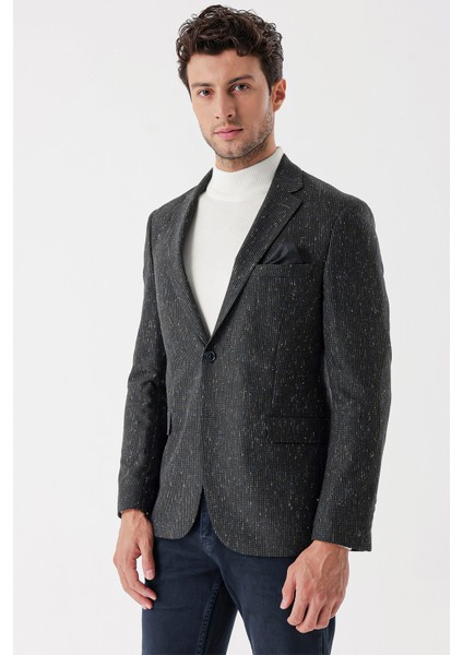 Koyu Yeşil Desenli Mono Yaka Astarlı Çift Yırtmaç 6 Drop Slim Fit Dar Kesim Klasik Ceket 1002235132