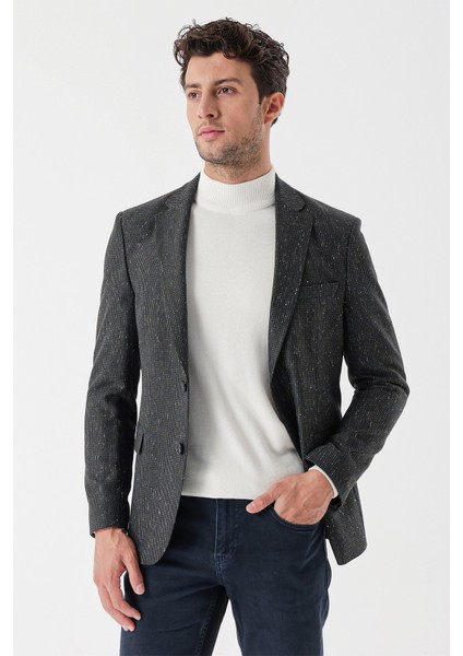 Koyu Yeşil Desenli Mono Yaka Astarlı Çift Yırtmaç 6 Drop Slim Fit Dar Kesim Klasik Ceket 1002235132