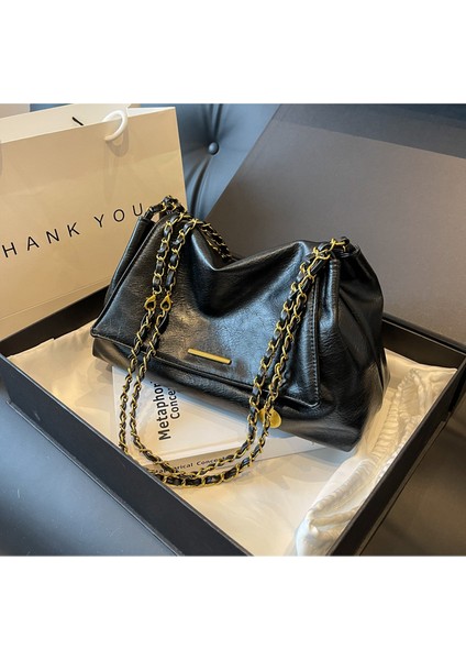 Çanta Kadın Yumuşak Deri Moda Retro Büyük Kapasiteli Koltukaltı Çanta Basit Rahat Çok Yönlü Işe Gidiş Zincir Omuz Çantası (Yurt Dışından)