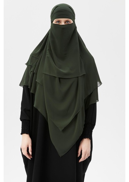 Hazır Pratik Şifon Üç Katlı Peçeli Üçgen Hac Umre Şalı Sufle Hijab Nikap - Haki