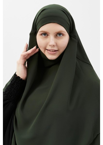 Hazır Pratik Şifon Üç Katlı Peçeli Üçgen Hac Umre Şalı Sufle Hijab Nikap - Haki modelleri