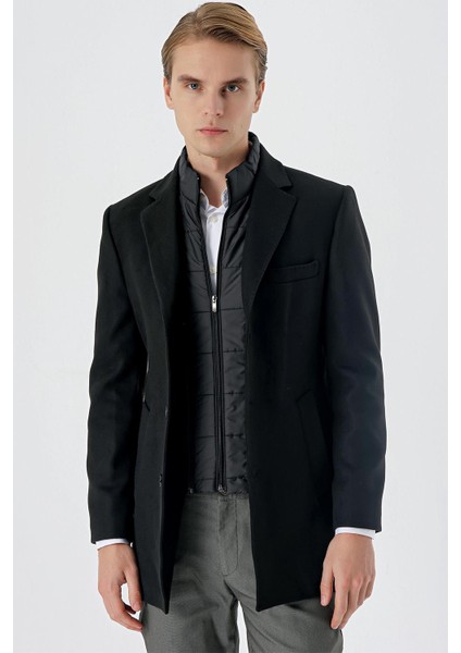 Siyah Kaşe Mono Yaka Kapitoneli Astar Slim Fit Dar Kesim Klasik Kaban 1008235167